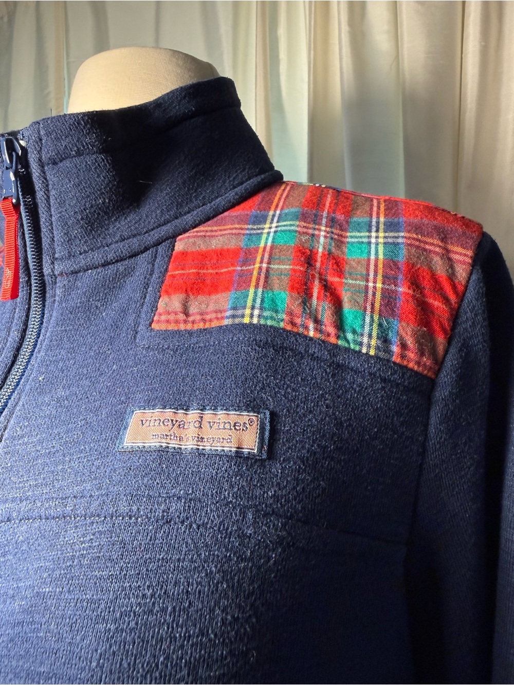 Vineyard Vines Navy Quarter-Zip with Red Plaid Shoulder - Picture 2 of 7